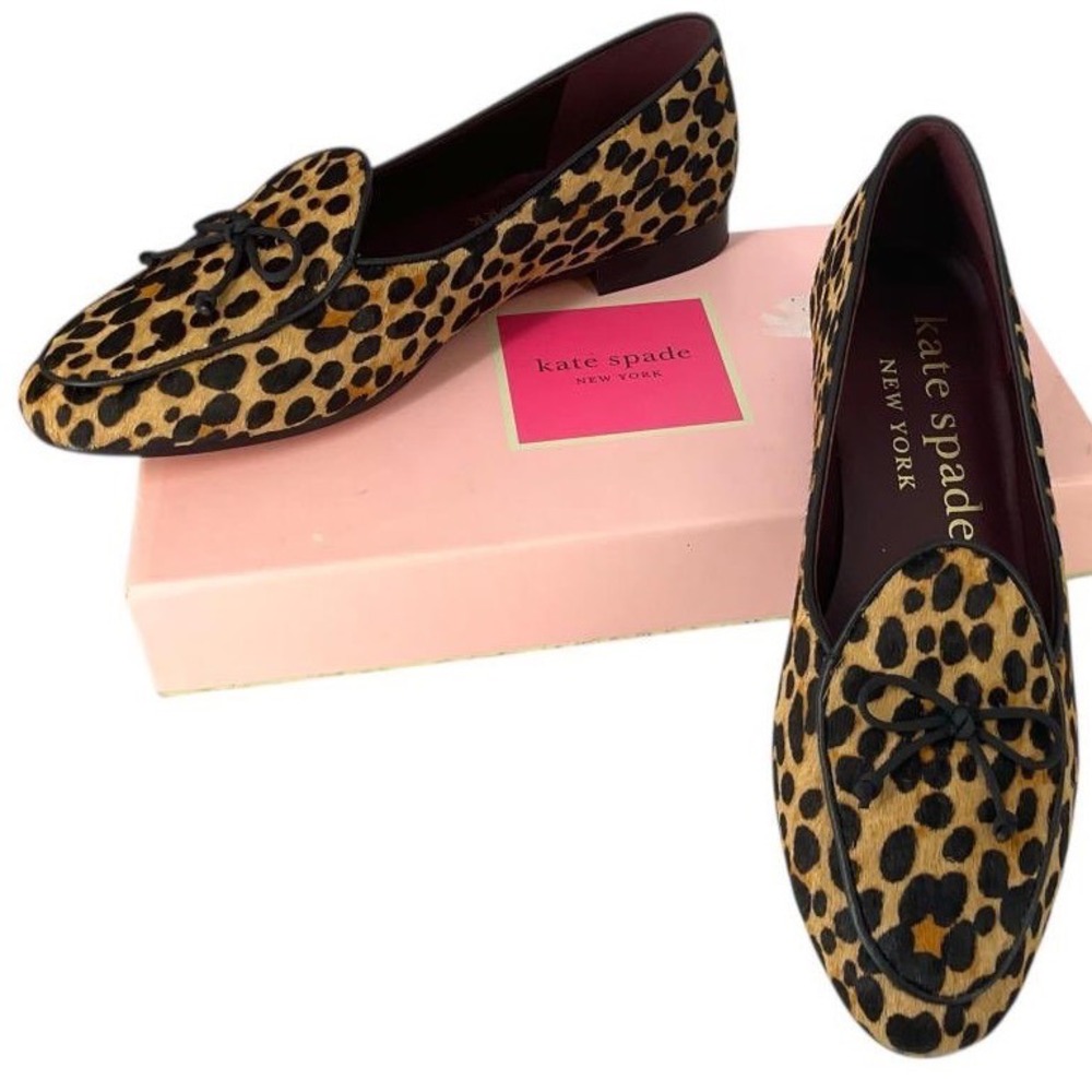 Kate Spade Devi Leopard Haircalf Loafers Pointed Toe Bow Flats Sz 6B NEW